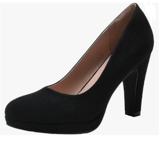 miss left Black Suede Low Platform Chunky High Heel Slip On Round Toe Pump - Picture 1 of 8
